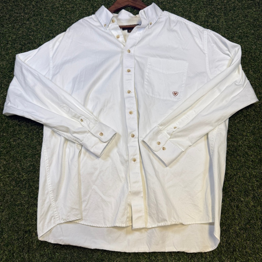 Ariat Mens XXL White Long Sleeve Button Down Cotton Twill Western Shirt CH05F14